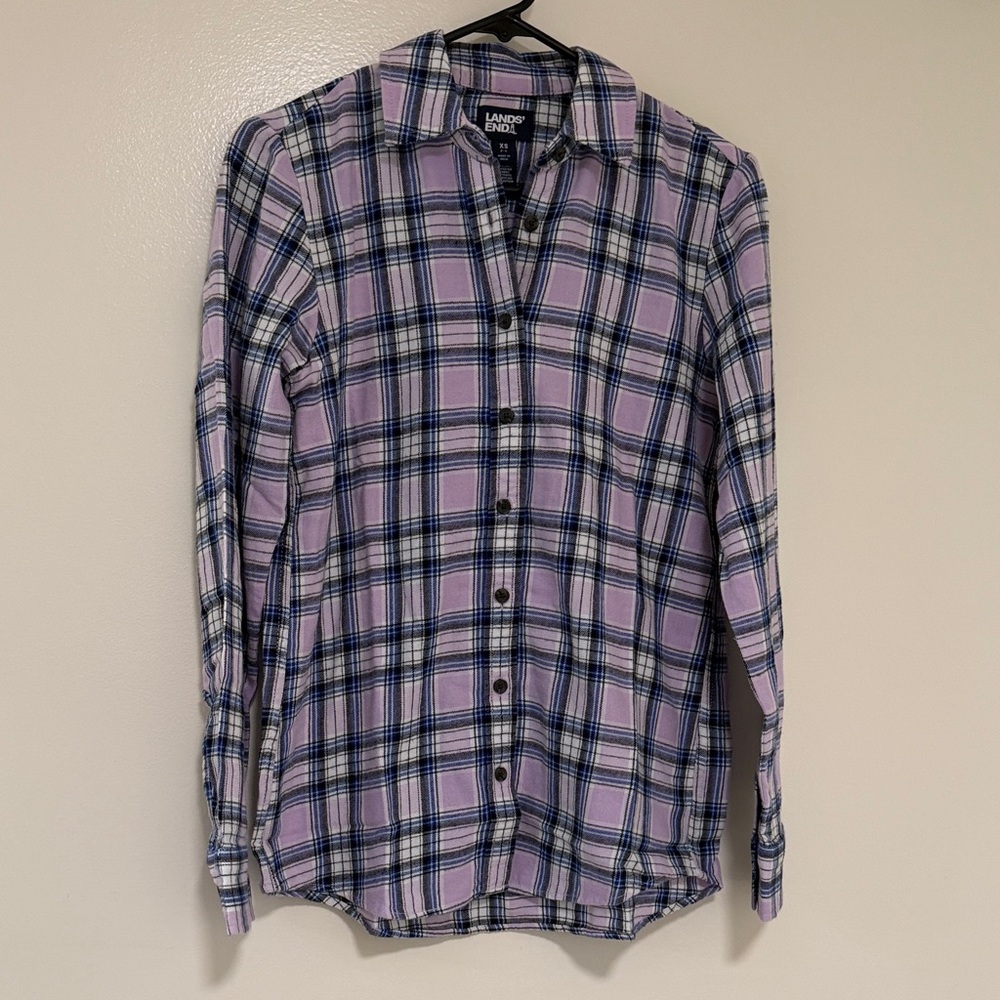 Lands' End Women's Purple and Navy Plaid Button Down Shirt